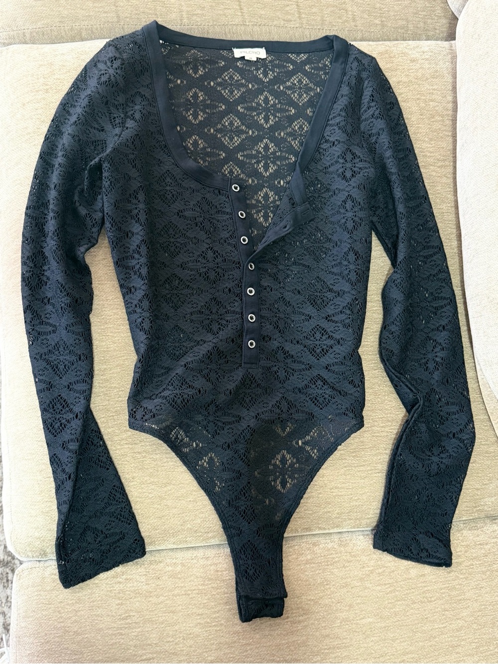 Pilcro Black Lace Henley Long-Sleeve Bodysuit - Picture 3 of 5